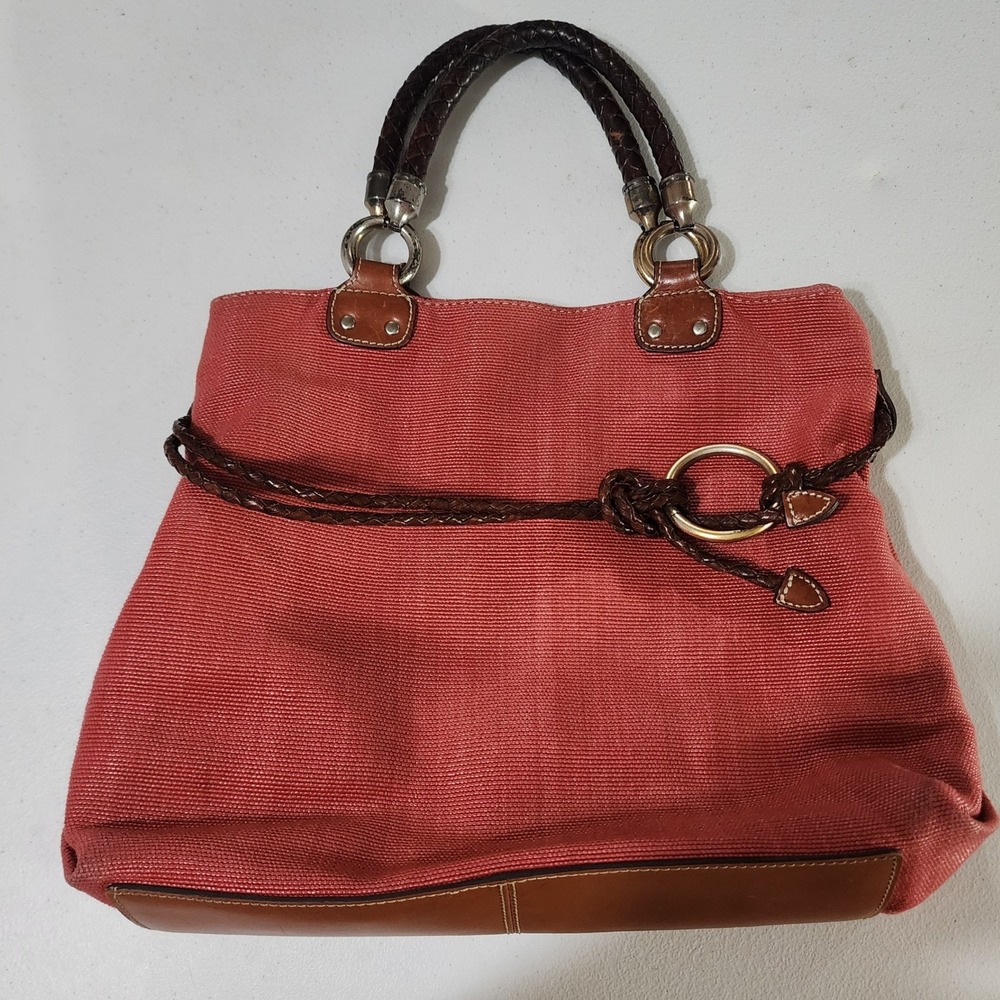 Fossil Coral Woven Fabric Tote Bag Braided Leather Handles Boho Shoulder Bag